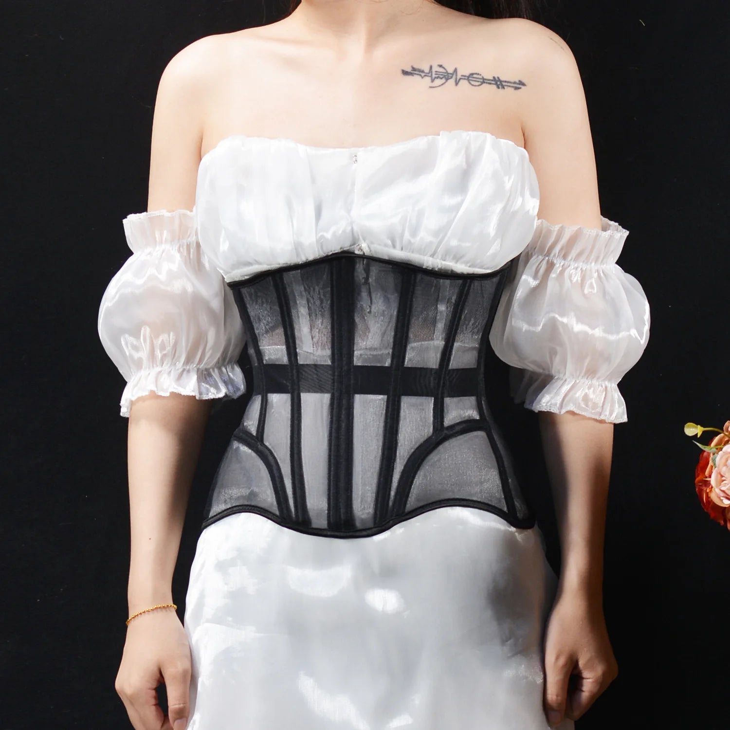 Women Abdomen Tight Corset Crops Under Bust Bustiers Breathable Mesh Waist Girdle With Bones Slimming Lace Up Bodices