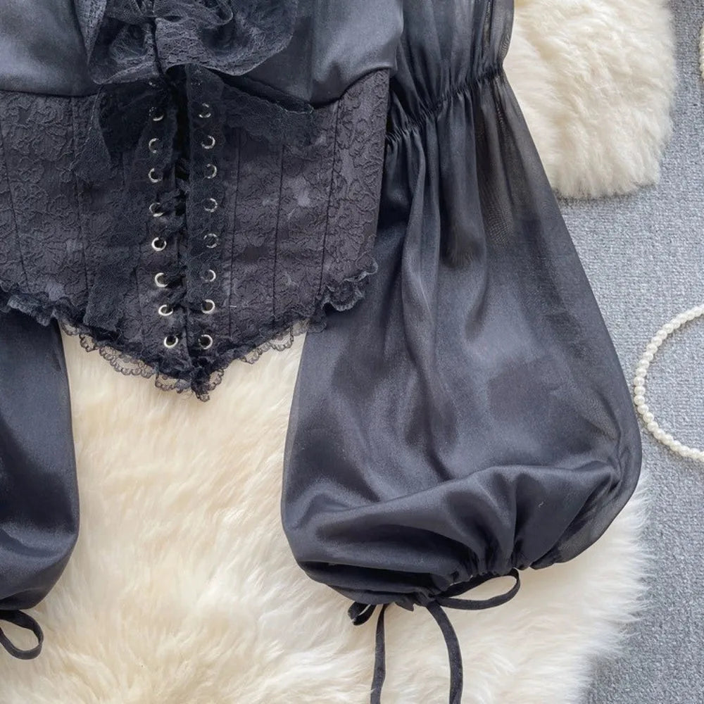 The Vivienne Lace Manteau | Parisian Ruffled Chiffon Blouse | French Mesh Patchwork Top | Lantern Sleeve Coquette Shirt