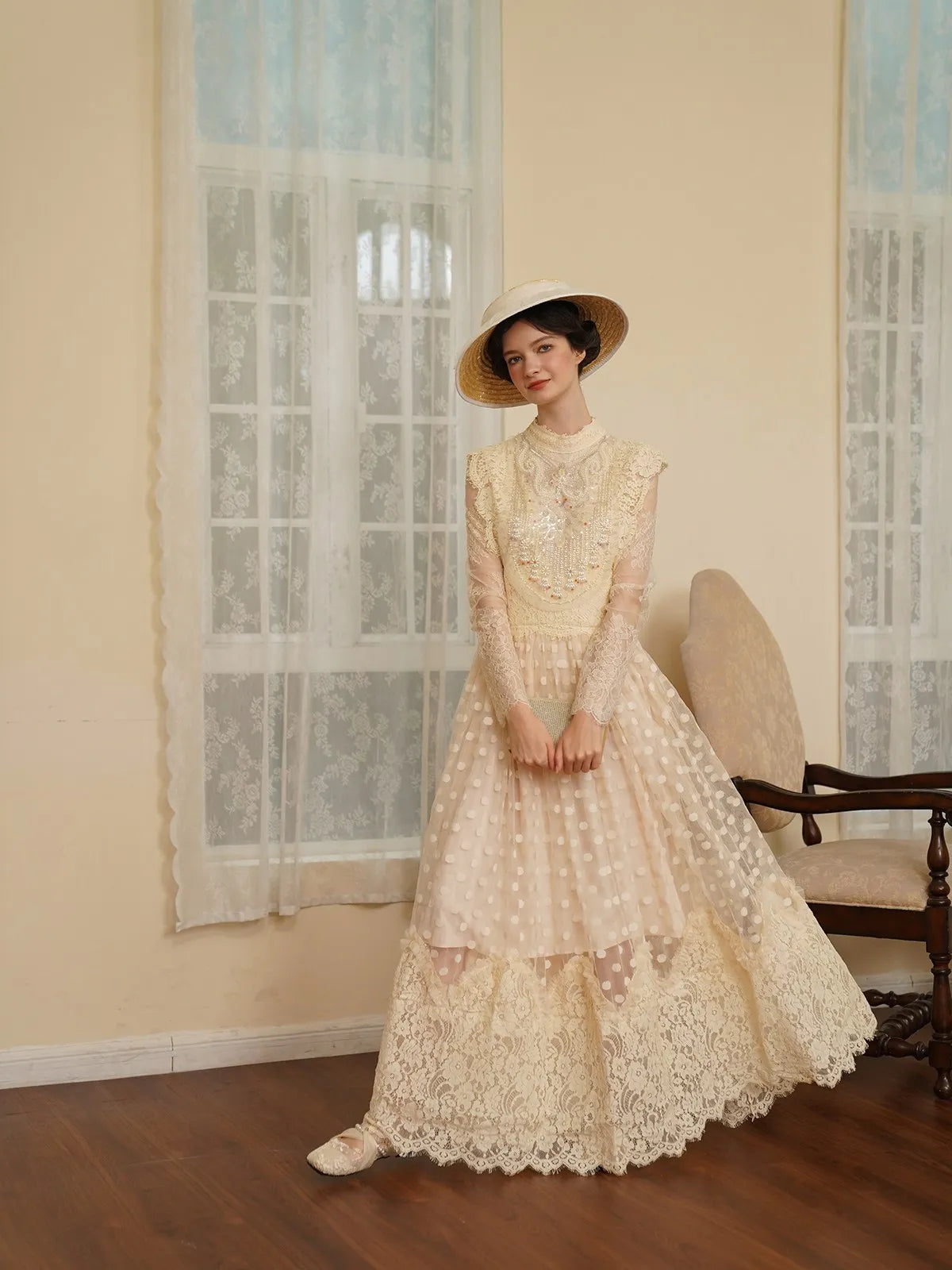 The Tuileries Celestial Gown | Sequined Beaded Lace Maxi Dress | French Vintage High Waist Gown | Parisian Princess