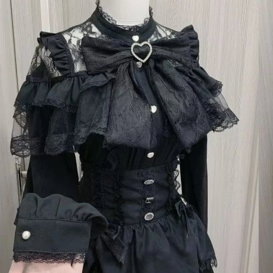 The Marais Midnight Blouse | French Gothic Lantern Sleeve Shirt | Vintage Lace Patchwork Lolita Top | Parisian Princess