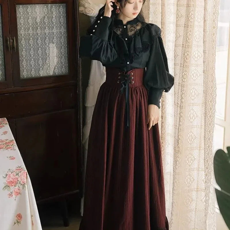 French Dark Retro Long Sleeved Lace Shirt Striped Long Skirt Two-piece Dress Set