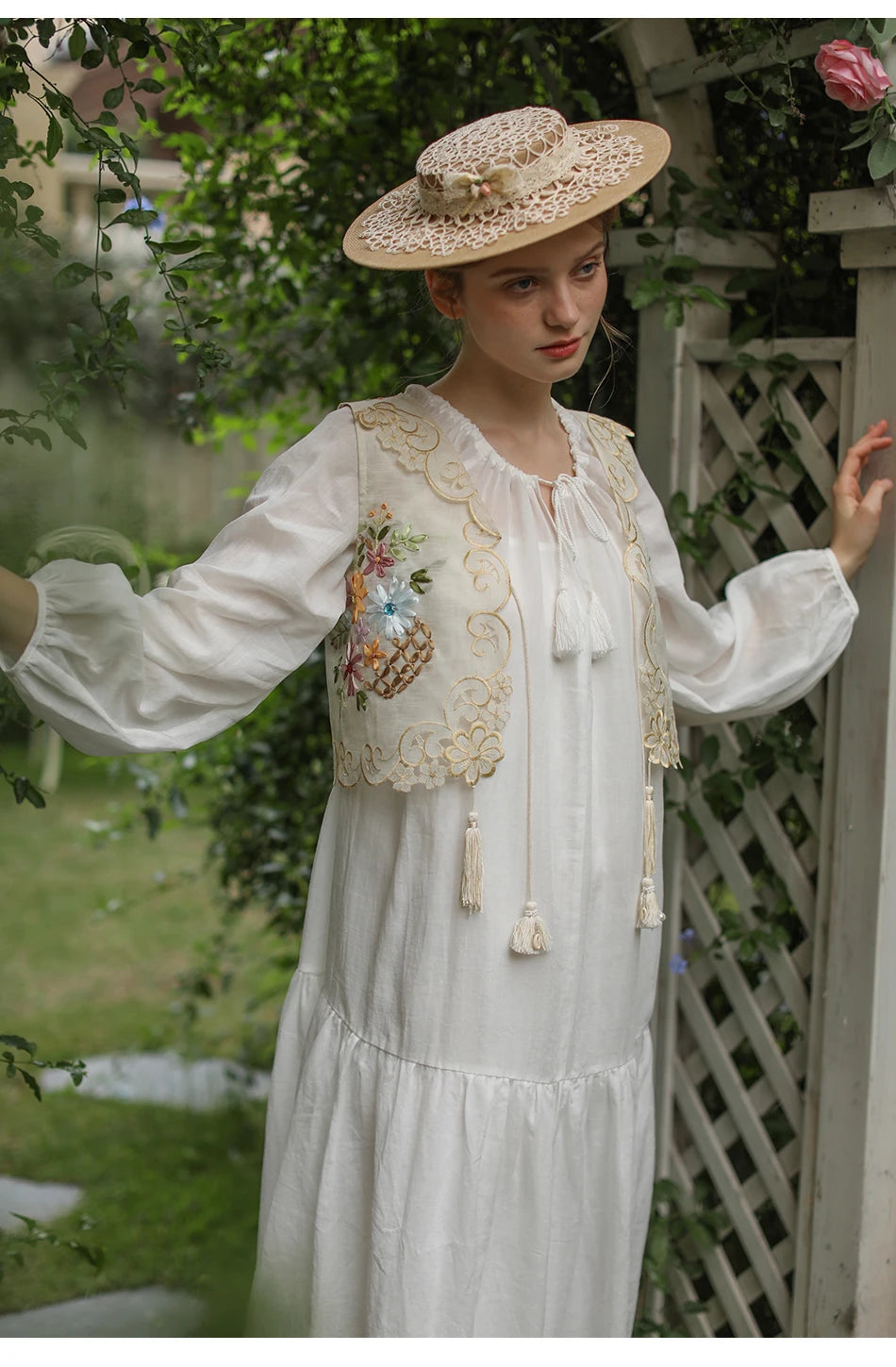 The Antoinette Tassel Embroidery Vest | French Antique Floral Cotton Gilet | Open-Stitch V-Neck | Parisian Princess