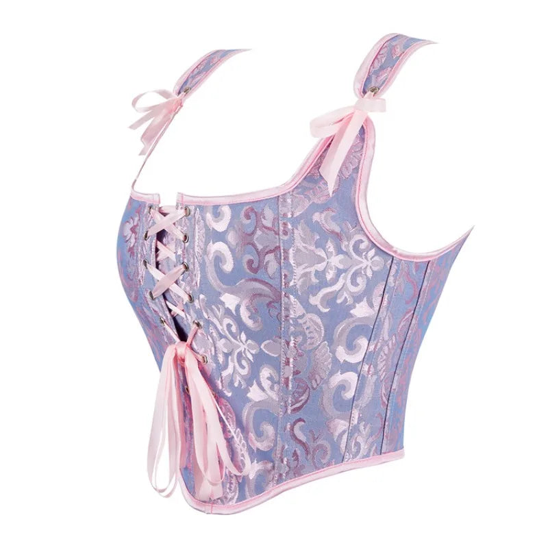 Vintage Women Corset with Straps Gothic Overbust Bustier Vest Lace Up Boned Jacquard Corset Crop Tops