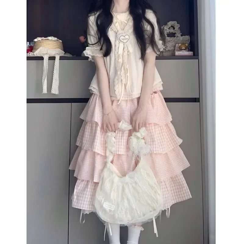 Cute Sweet Sister Classic Parisian Outfit Women's Plaid Ribbon Tied Shirt And Knee-Length Cake Skirt Two-Piece Set