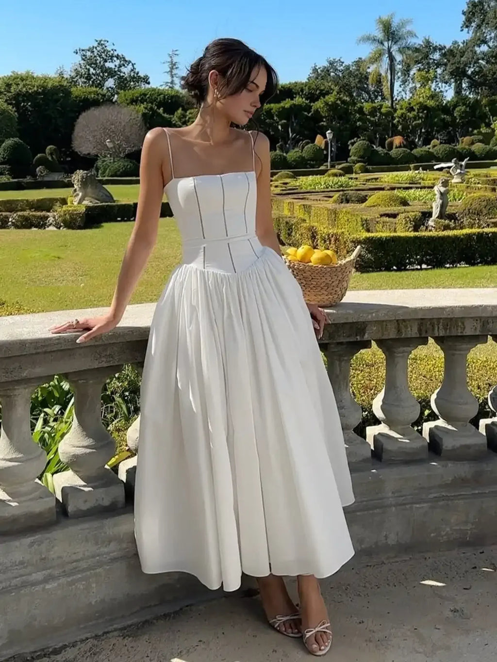 The Saint-Tropez Knotted Gown | French Corset-Detail Spaghetti Strap Mini | Flowy White Summer Beach Dress | Parisian Princess