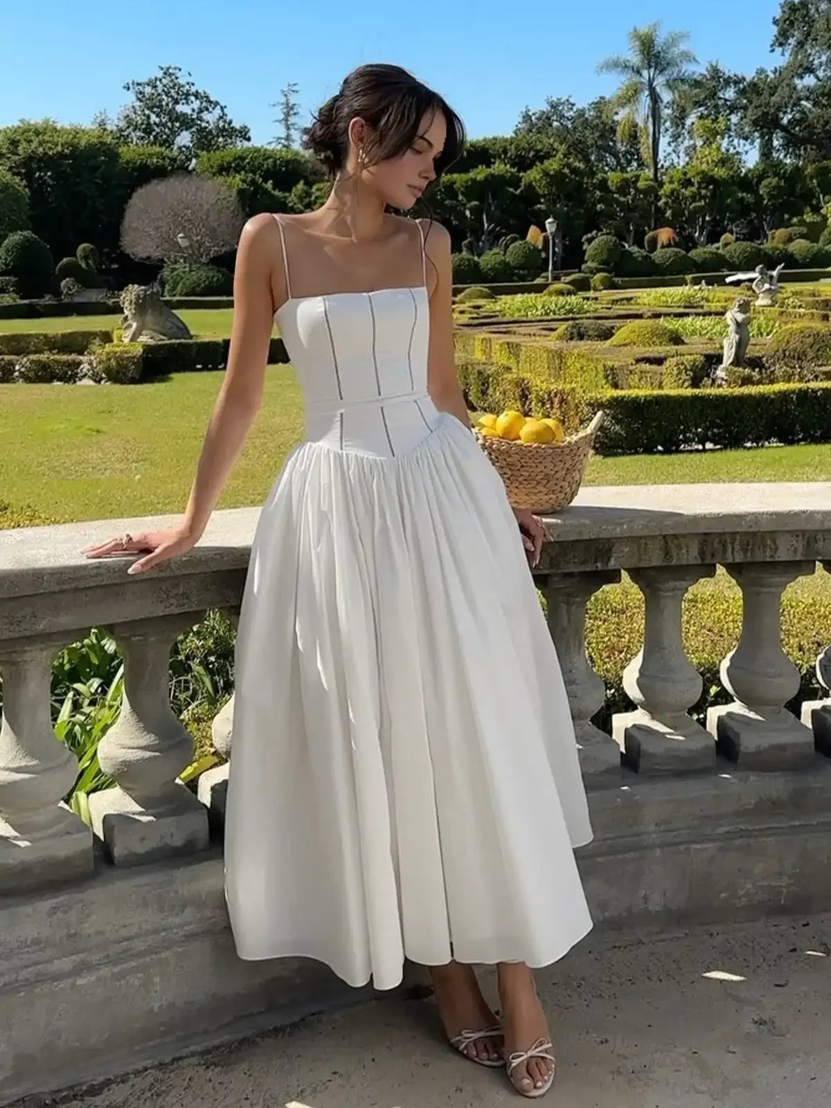 The Saint-Tropez Knotted Gown | French Corset-Detail Spaghetti Strap Mini | Flowy White Summer Beach Dress | Parisian Princess