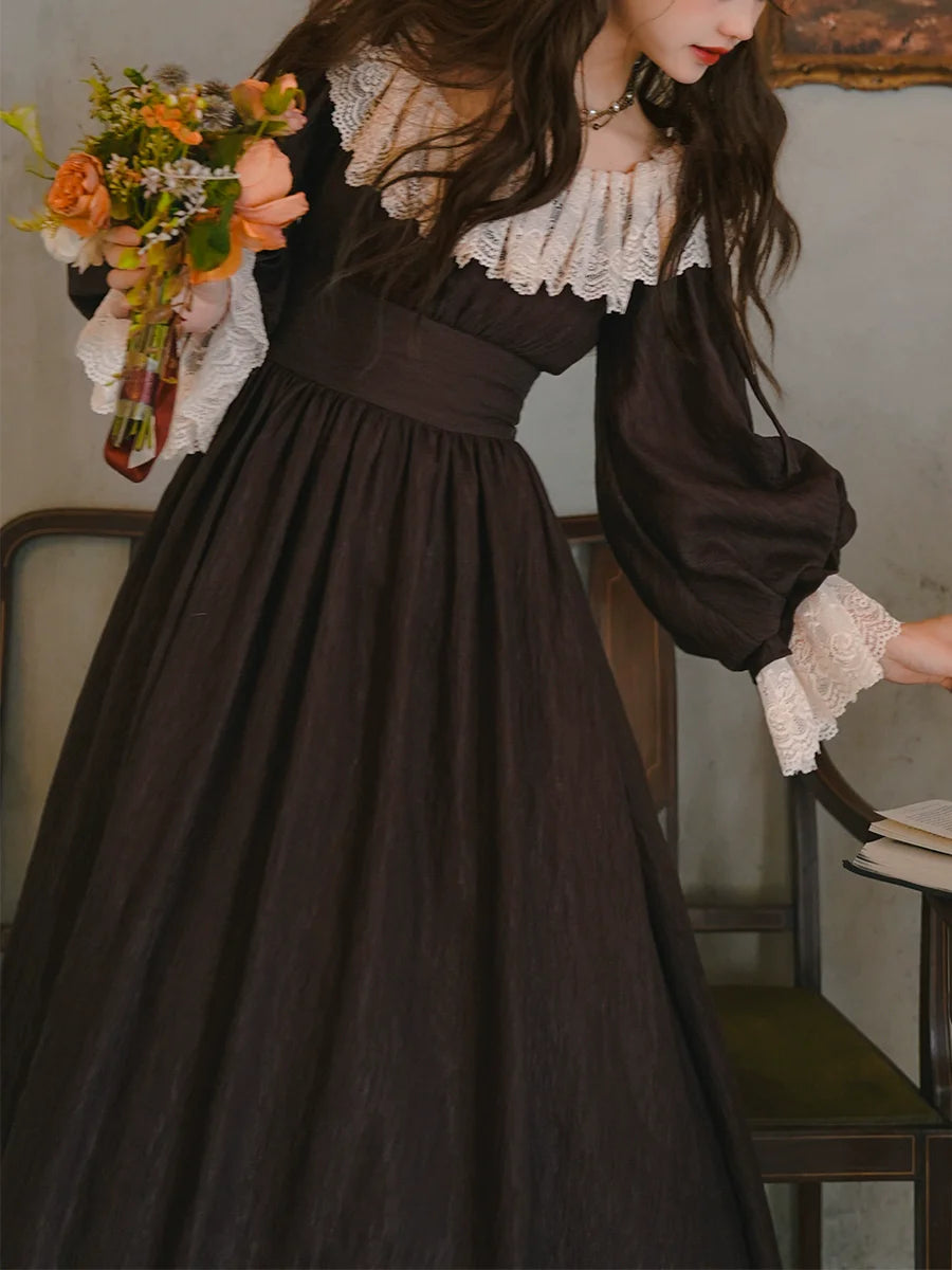 Parisian Women French Court Retro Lace Corset Puff Sleeve Jacquard Texture Dress