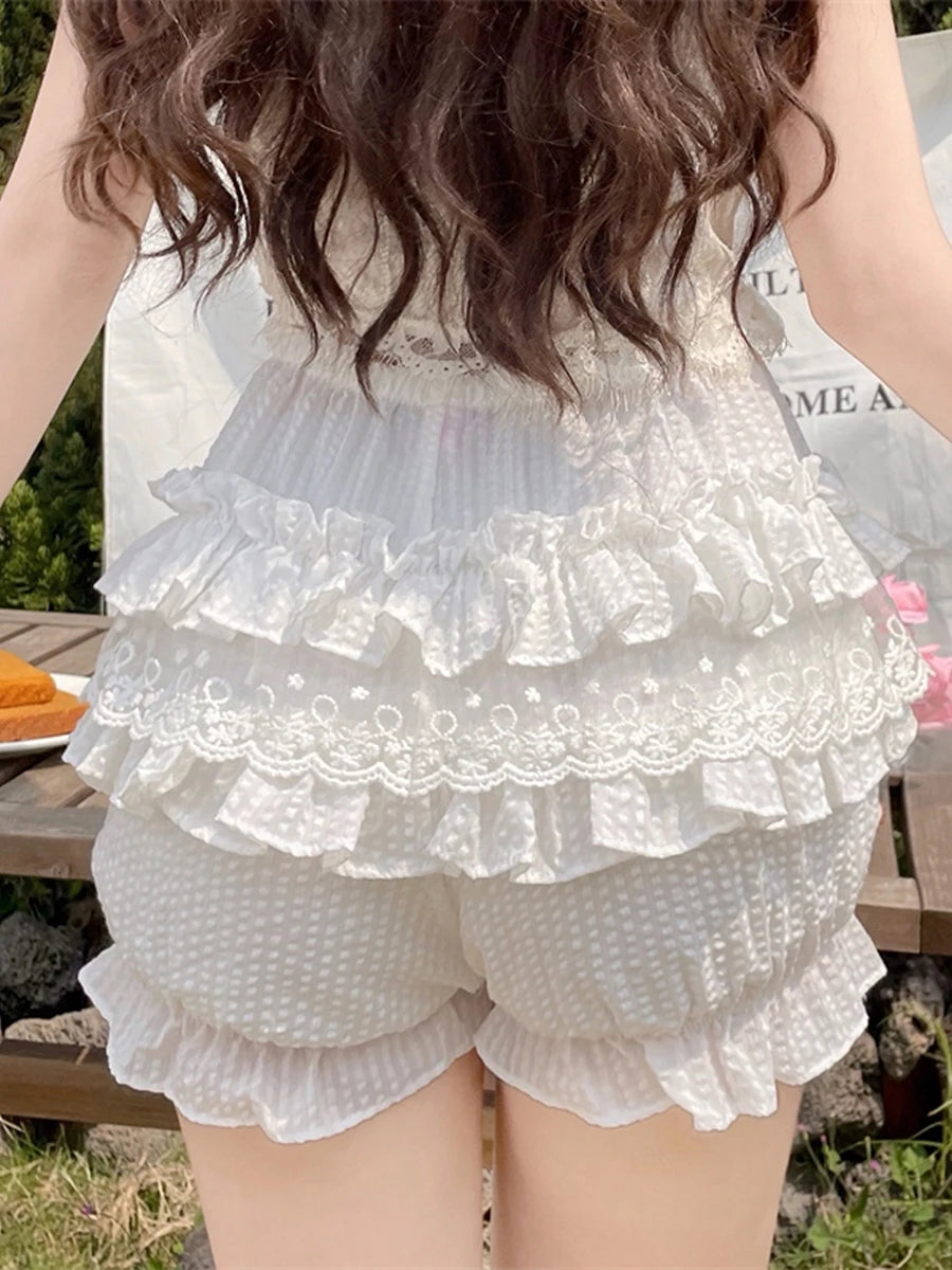 Women s Fashion Bloomers Shorts Lace Layered Ruffle Bowknot Elastic Waist Short Pants Summer Casual Shorts