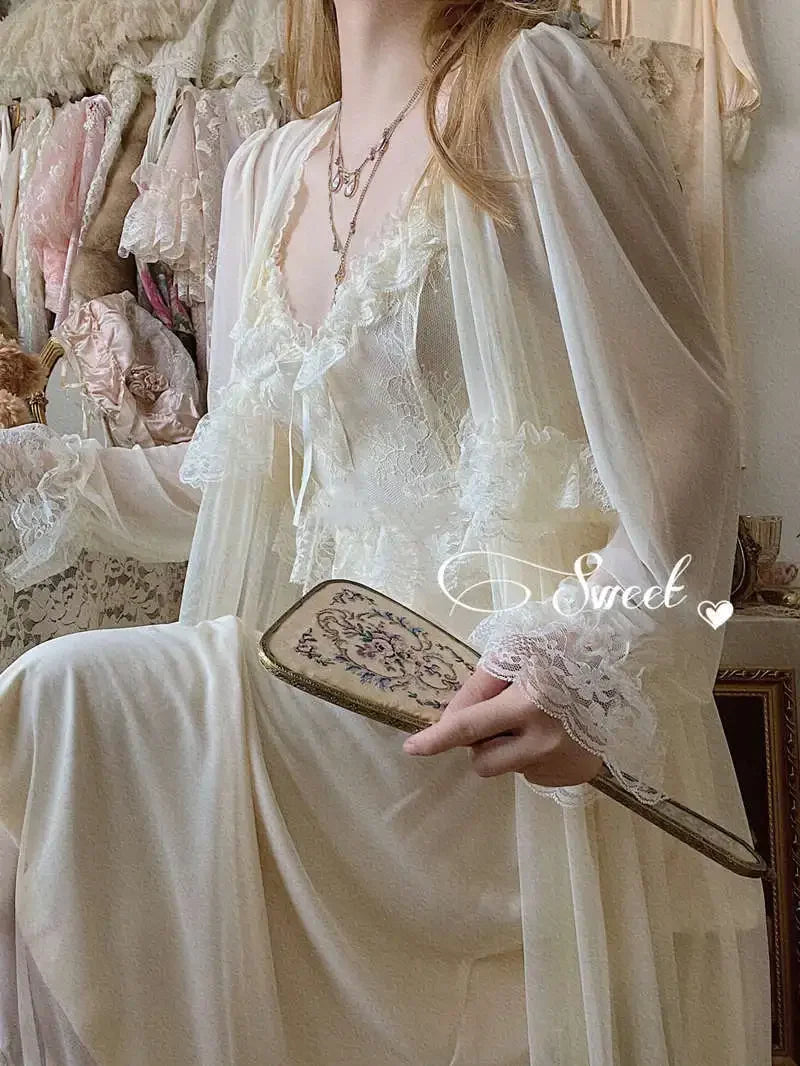 Vintage Female Court Style Thin Tulle Robe/Nightdress Ladies Princess Nightgowns Fairytale Pajamas Sleepwear Women's Clothing