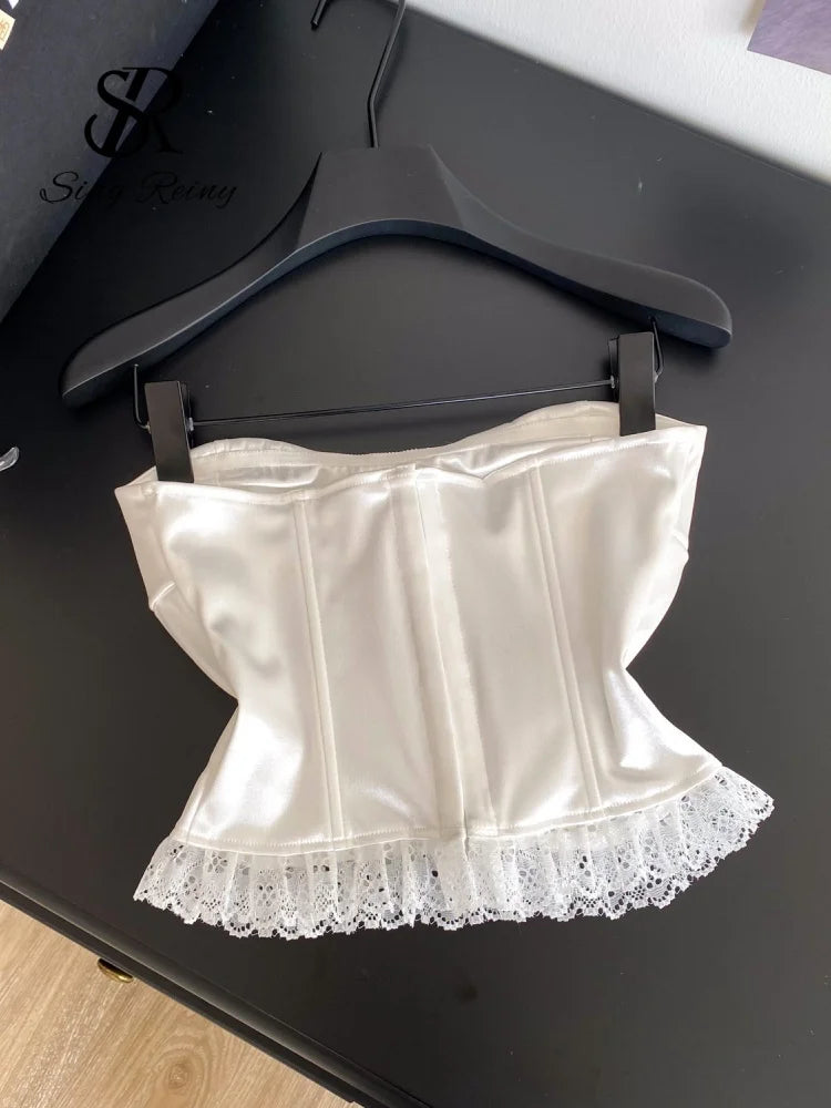 The Fontainebleau Satin Corset Cami | French Lace Strapless Crop Top | Wedding & Night Out Tank | Parisian Princess