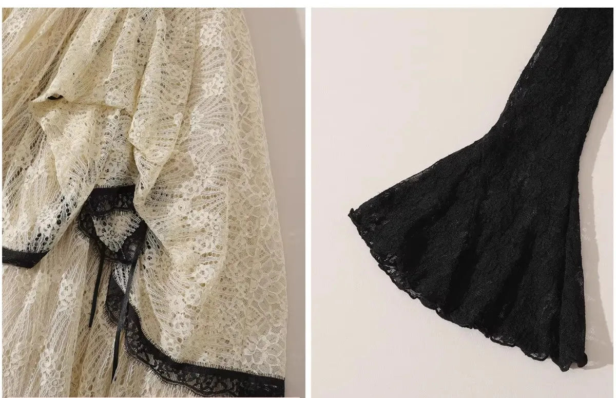 Parisian Lace Maxi Dresses Women Vintage Elegant Slim Luxury Lace Fishbone Dress Birthday Party Evening Dresses