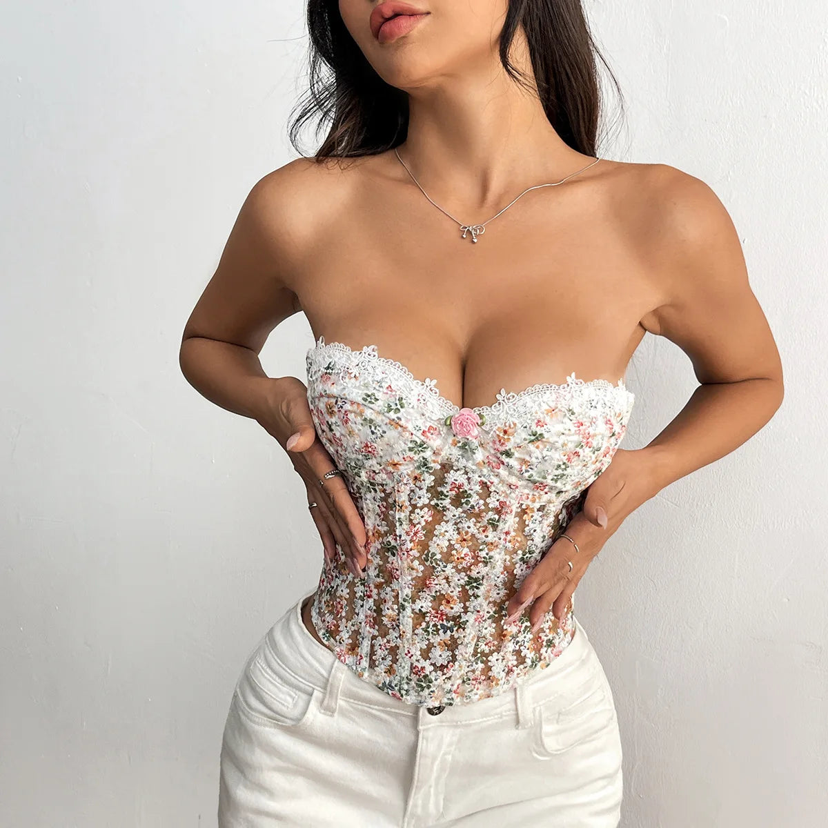 The Versailles Blossom Corset | Floral Hollow-Out Strapless Bustier | Lace-Up Boned Camisole | Parisian Princess