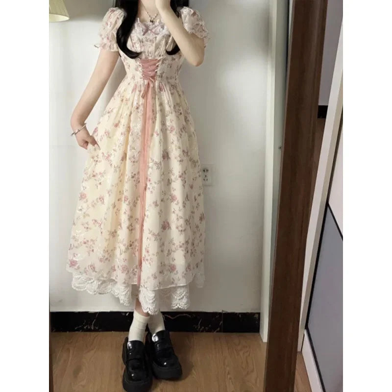 French Sweet Gentle Floral Print Dress Women's Student Summer New Belt Waist Slim Long Skirt Bubble Sleeve Short Sleeve Dress
