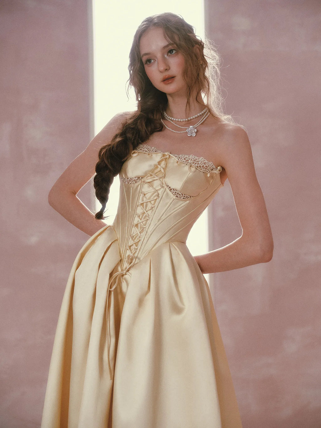 The Lemondrop Love Belle Gown | French Chic Elegant Slim Lace Corset Dress | Strapless Empire Waist Satin Maxi | Parisian Princess