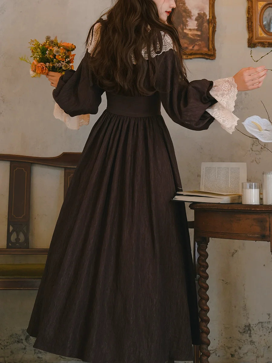 Parisian Women French Court Retro Lace Corset Puff Sleeve Jacquard Texture Dress