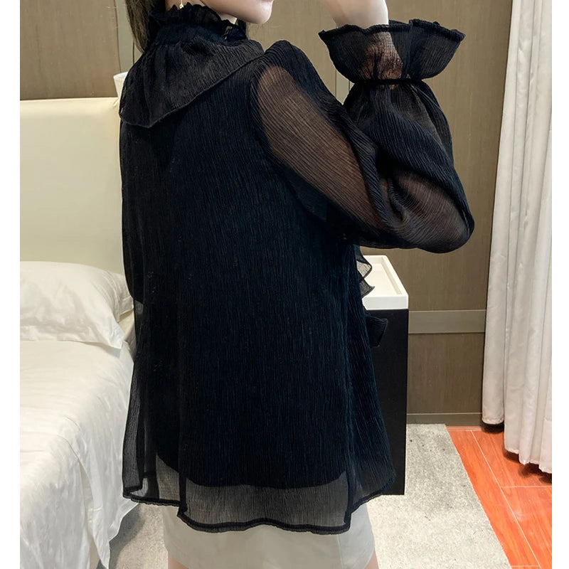 The Versailles Ruffled Chiffon Blouse | Stand Collar Lace Puff Sleeve | French Vintage Shirt | Parisian Princess