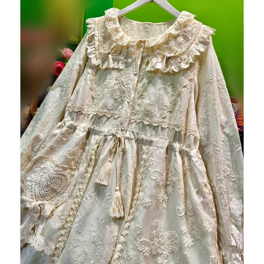 Cottagecore Cotton Autumn Ruffled Lace Sweet Lolita Midi Dress Female Rococo Victorian Parisian Goblincore French Long Dress