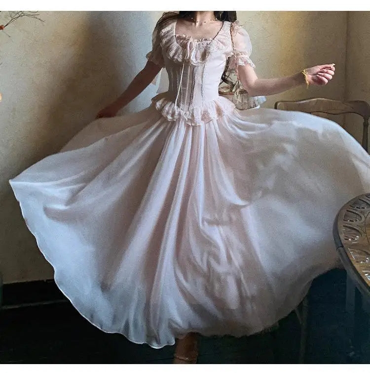 Timeless Signature Parisian Blush Pink Lace Dress French Couture Puff Sleeve Sweet Elegant Max