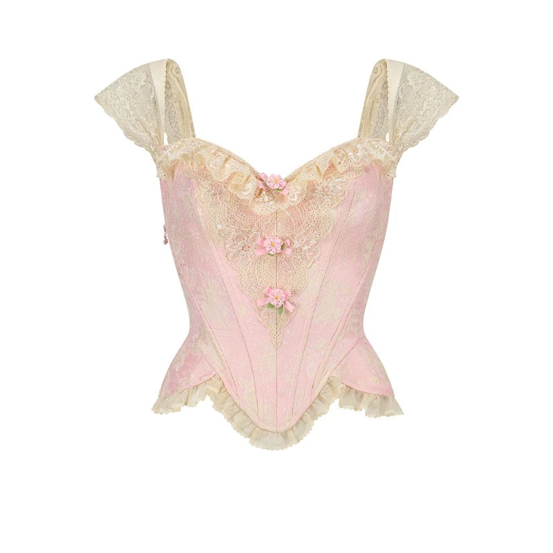The Rosebud Versailles Lace Set | Pink Bustier & Shimmer Beige Maxi Skirt | Embroidered Two-Piece Gown | Parisian Princess