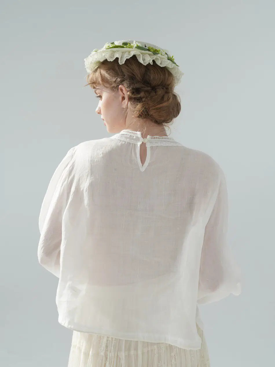 The Palais Rose Ramie Blouse | 100% Ramie Thin White Blouse | French Vintage Handmade 3D Rose Embroidered O-Neck Loose Top | Parisian Princess
