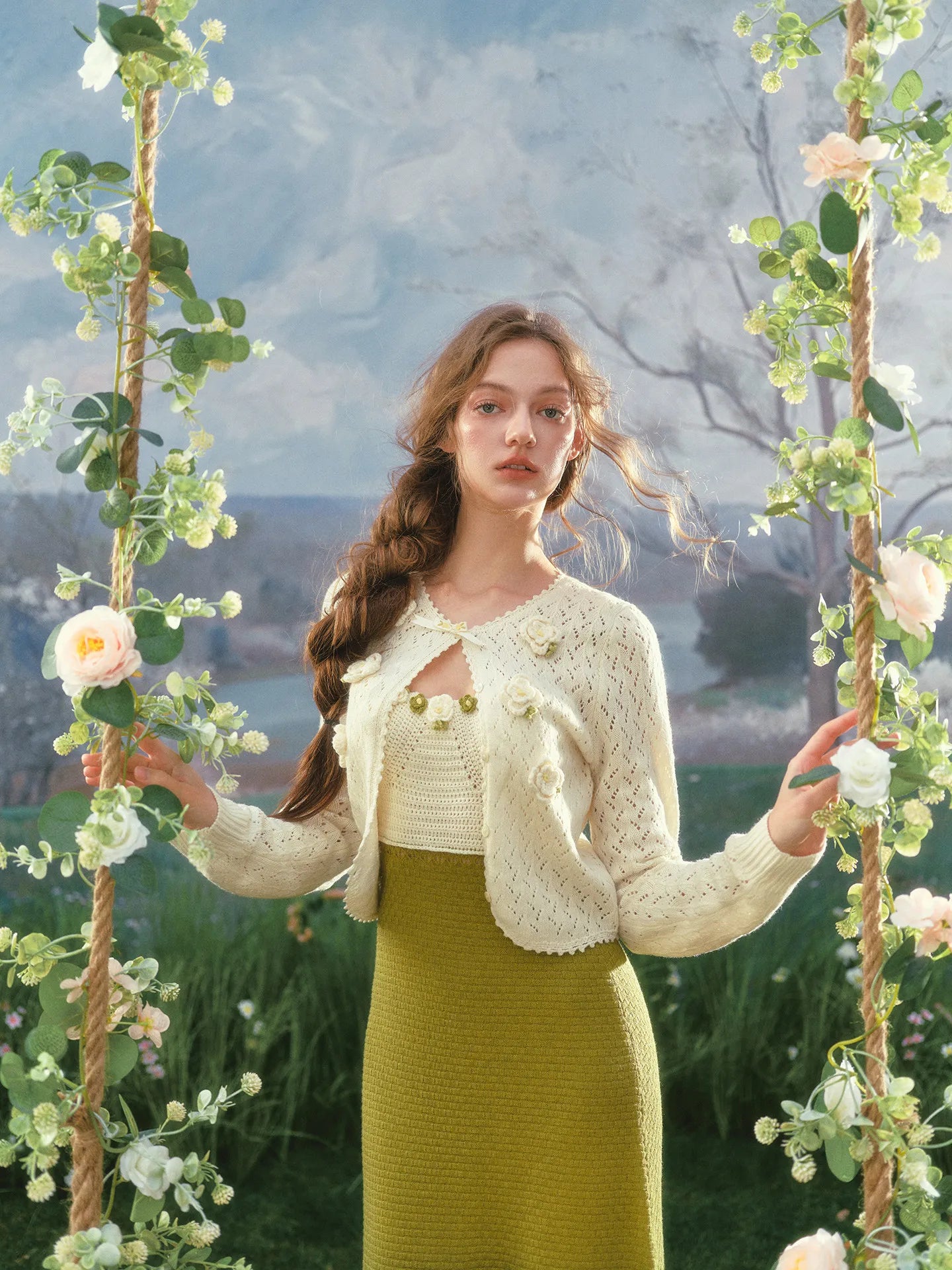 The Garden Princess Crochet Set | Wool Knitted Cardigan & Midi Dress | Handmade Floral Hollow-Out Two-Piece | Parisian Princess