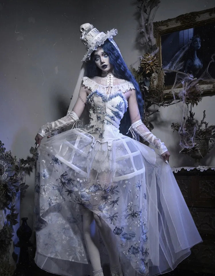 The Gothica White Gothic Dress | Zombie Bride Spine Lace Gown | Chiffon Tailed Party Dress with Cape | Parisian Princess