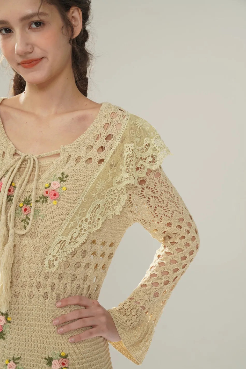 The Versailles Rose Knitted Fishtail | Hand-Embroidered Silk Blend Dress | French V-Neck Gown | Parisian Princess