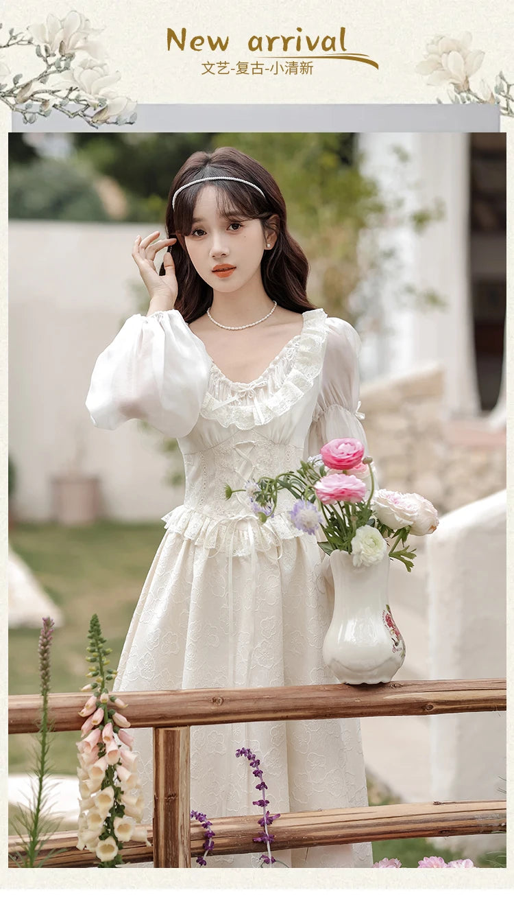 French Fairy Lantern Sleeve Midi Dress for Women Summer Elegant Retro Slim Sweet Party One Piece Dress Korean Casual Clothes