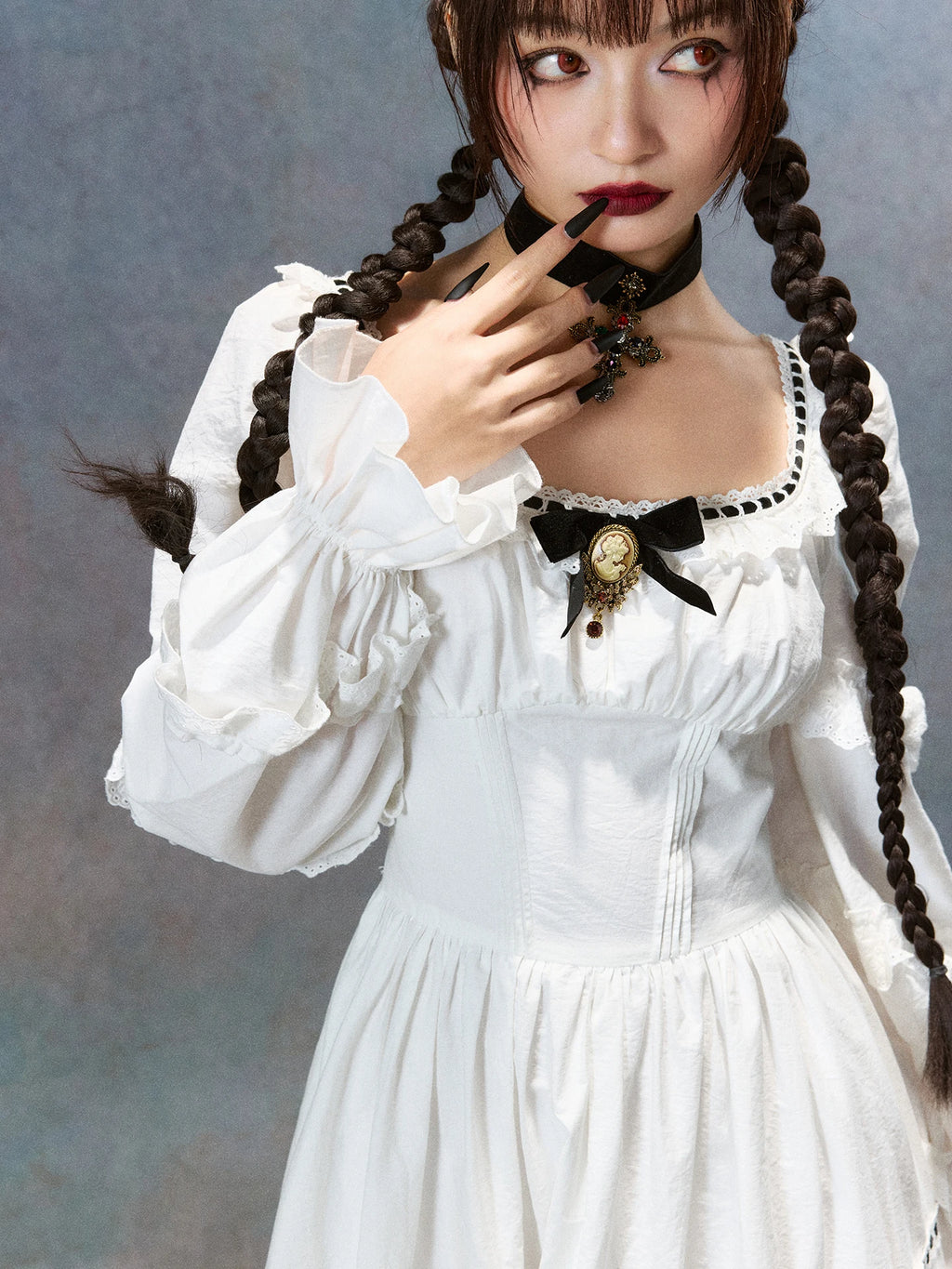 Gothica Parisian Fall White Maxi Dress Women Vintage Elegant Slim Lace Collar Long Sleeve French Halloween Dress