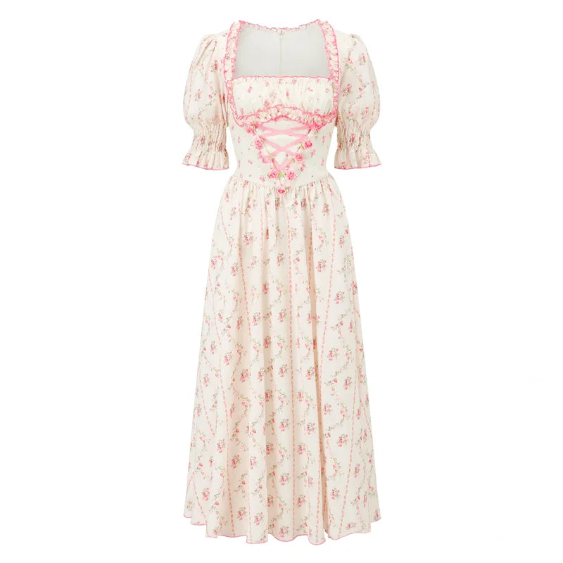 French Long Dress Women Vintage Elegant Slim French Countryside Sweet Floral Dress Soft Comfortable 100%Cotton Dress