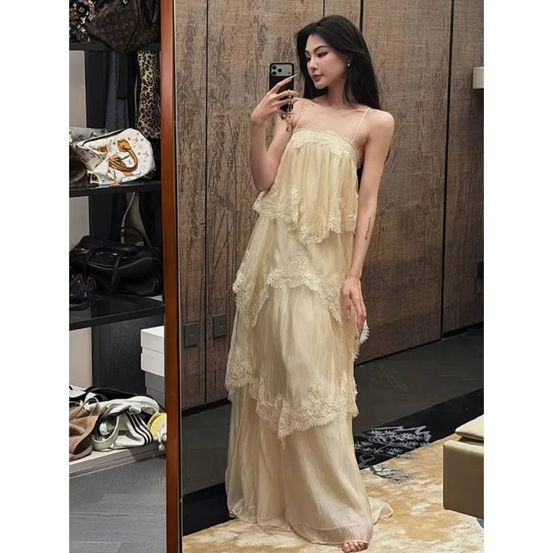 The Tuileries Fairy Lace A-Line Gown | High-Waist Sleeveless Maxi | French Vintage Zip-Up Dress | Parisian Princess