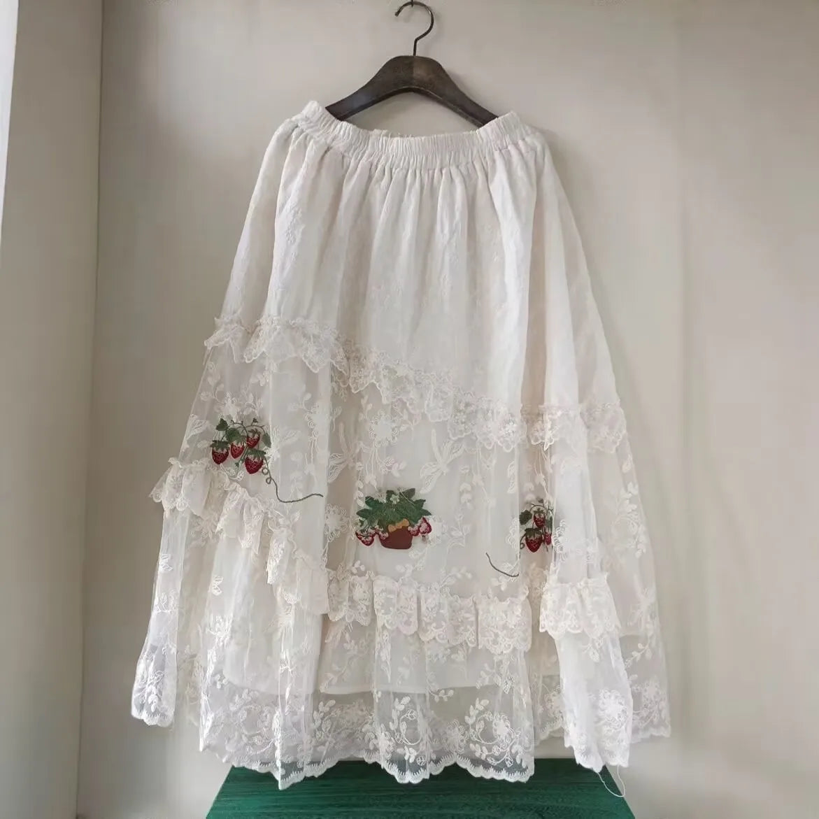 Sweet Lace Fraises Embroidery Long Skirt | French Vintage Ruffled High Waist Pleated Skirt | Parisian Ruffles Palace | Parisian Princess