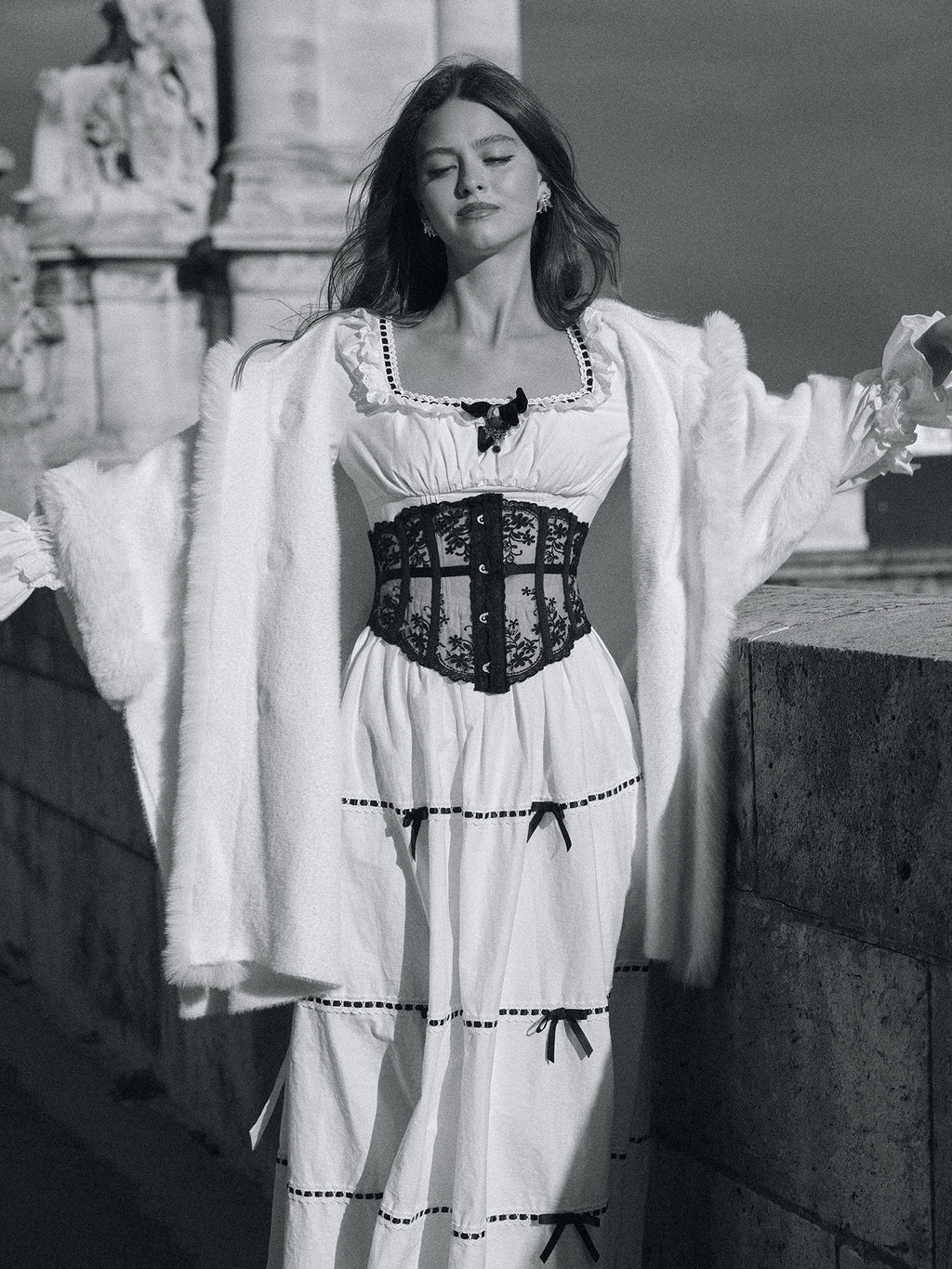 Gothica Parisian Fall White Maxi Dress Women Vintage Elegant Slim Lace Collar Long Sleeve French Halloween Dress