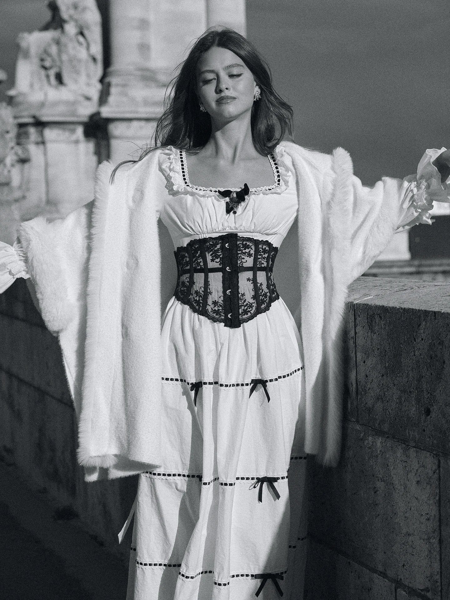 Gothica Parisian Fall White Maxi Dress Women Vintage Elegant Slim Lace Collar Long Sleeve French Halloween Dress