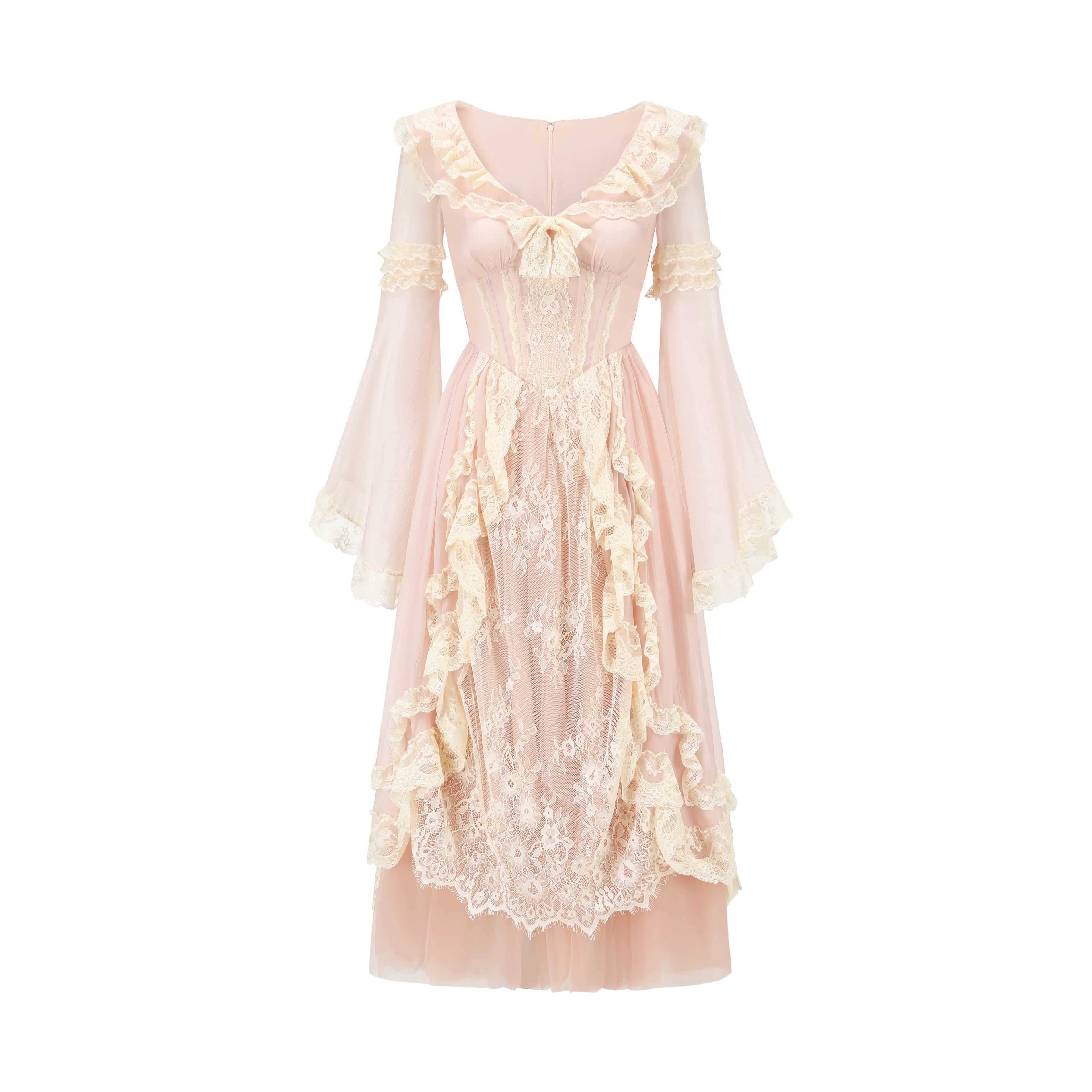 The Parisian Pink Bell Sleeve Gown | Courtly Retro French Lace Dress | Fairy-Tale A-Line Spring Maxi | Parisian Princess