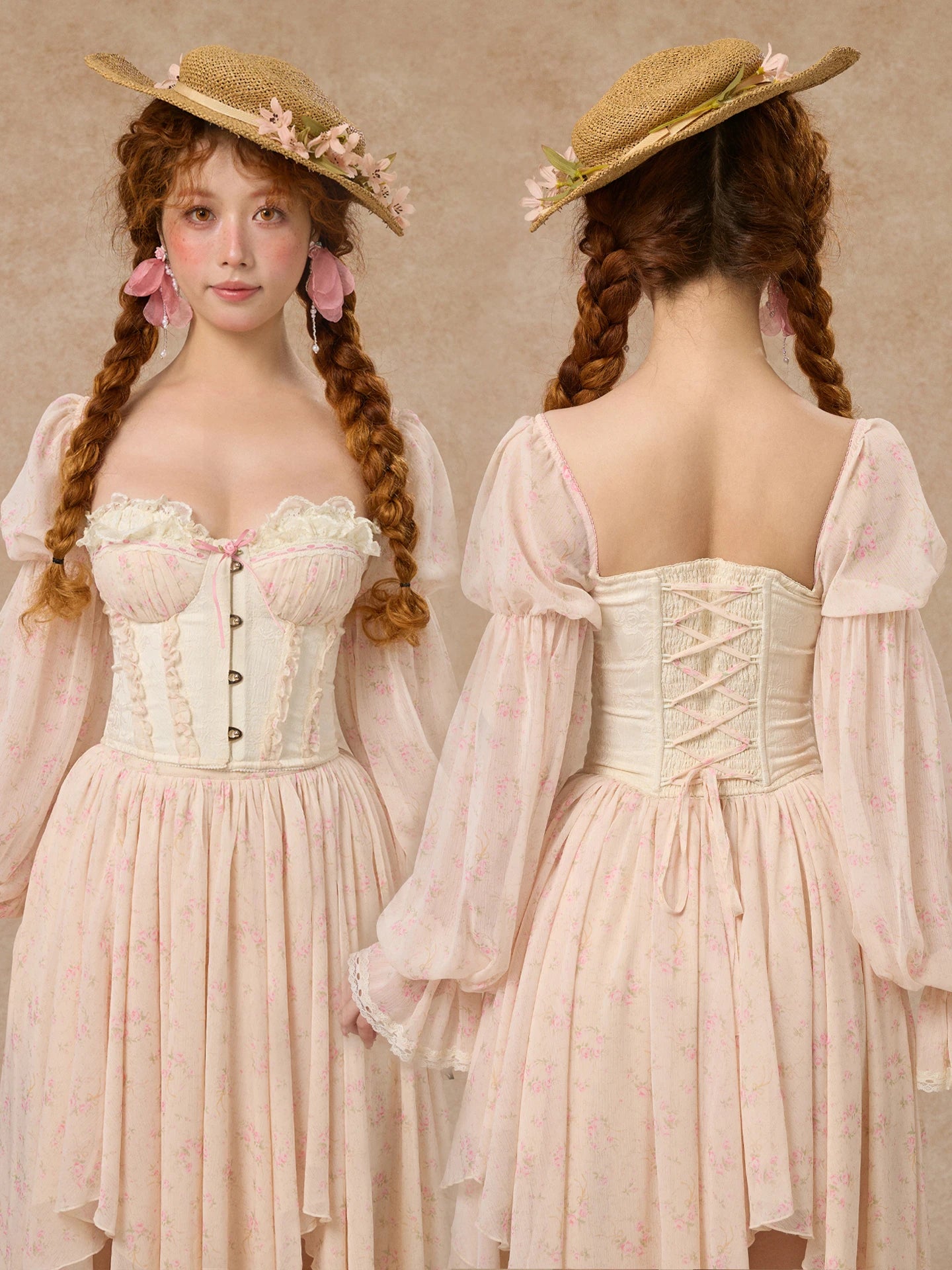 Parisian Corsets Tops Shirts/Skirt Set Women Vintage Elegant Slim French Vacation Style Floral Long Sleeved Fishbone Tops