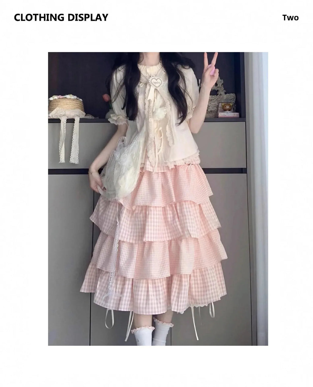 Cute Sweet Sister Classic Parisian Outfit Women's Plaid Ribbon Tied Shirt And Knee-Length Cake Skirt Two-Piece Set