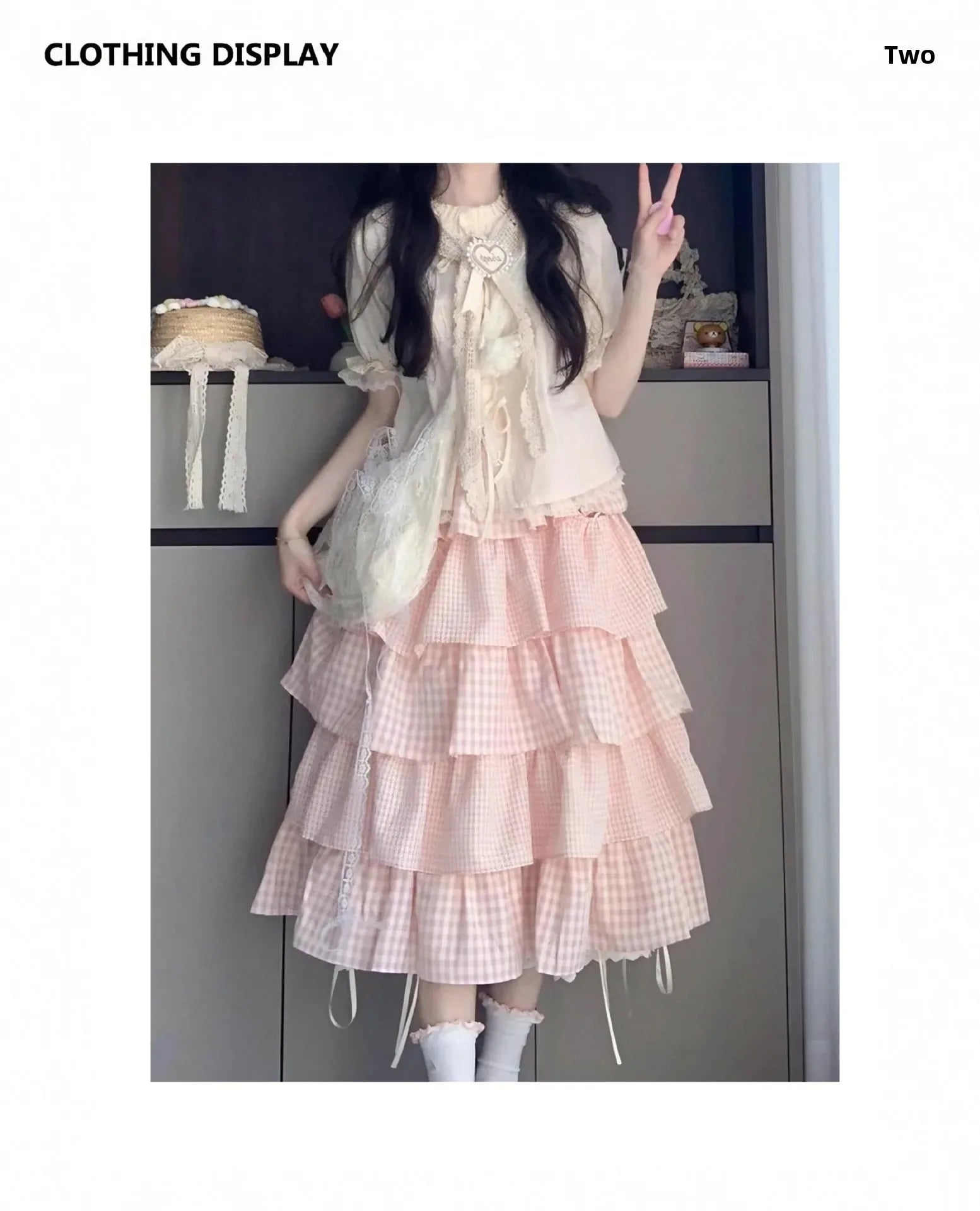 Cute Sweet Sister Classic Parisian Outfit Women's Plaid Ribbon Tied Shirt And Knee-Length Cake Skirt Two-Piece Set