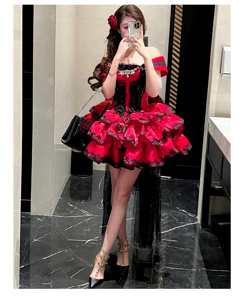 Princess Romantic Date Anniversary Wedding Party Pink Dress Girls Women's Sweet Lolita Halter Off-Shoulder Ball Gown Dresses