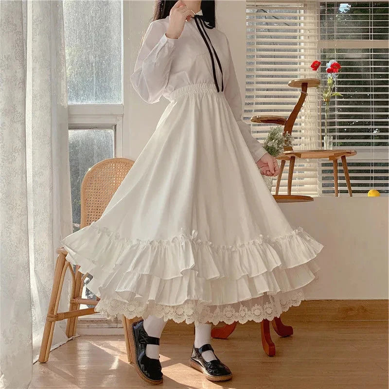 Fashion Sweet Midi Skirt Women Lace Patchwork Bow Preppy Fall Loose Casual Skirts Japanses Ruffle High Waist Solid Chic Skirt