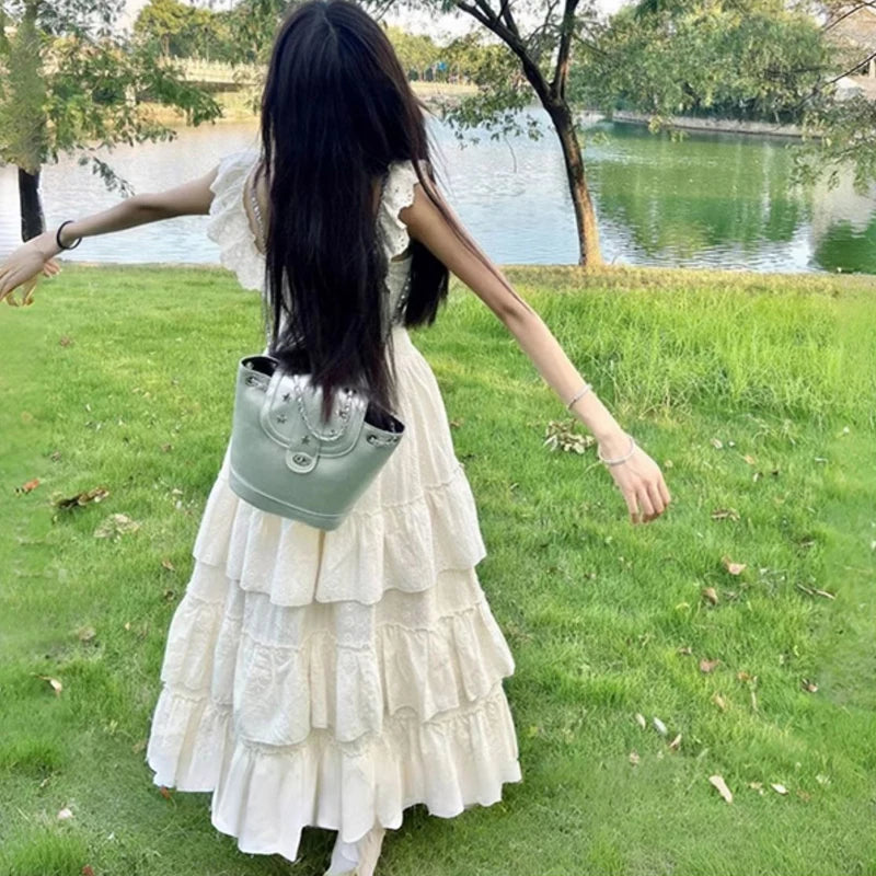 Vintage French Style Ruffles Square Collar Dress Women Summer Holiday Style Sleeveless Fairy Party Dress Fashion Female Clothes