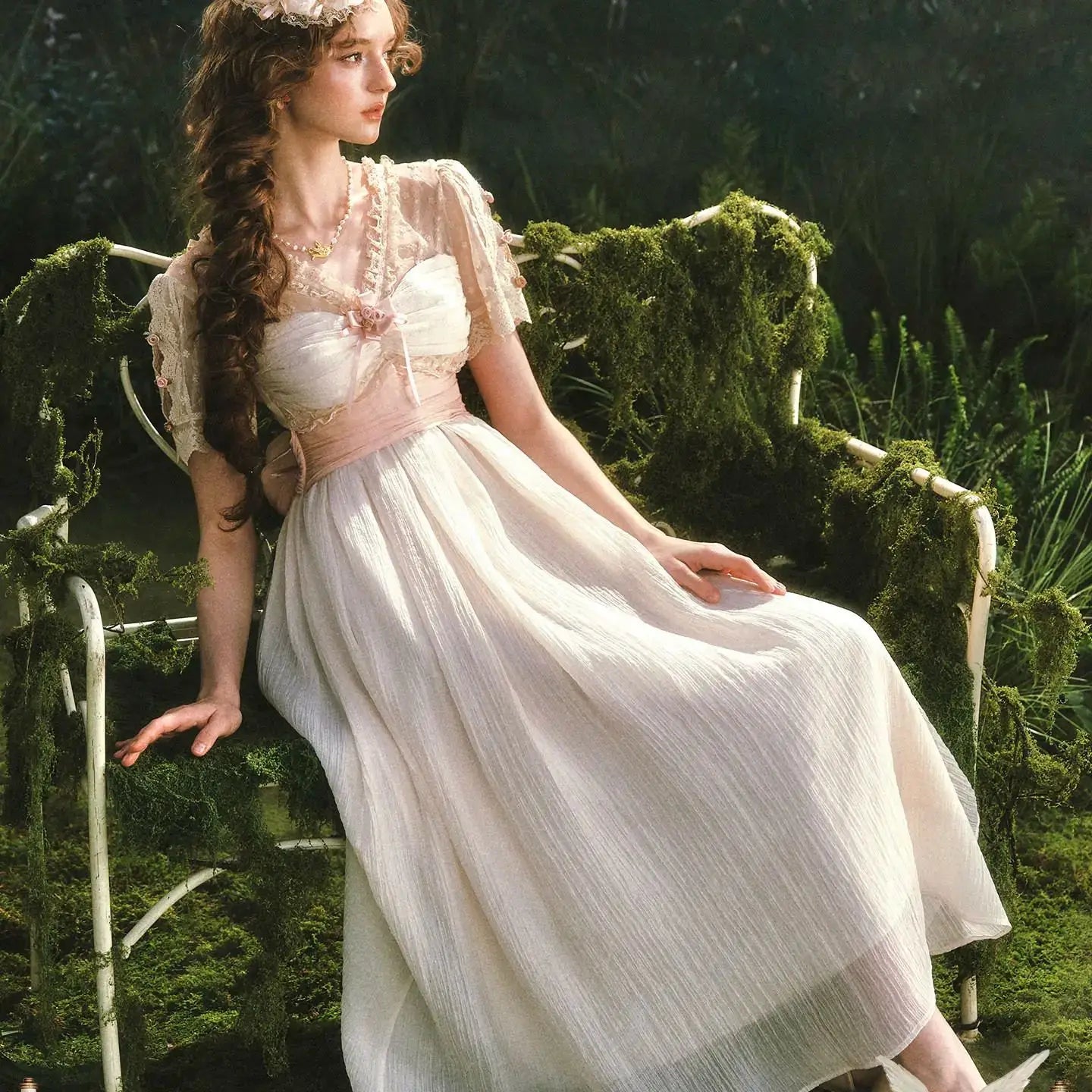The Tuileries Chiffon Gown | French V-Neck Lace-Up Maxi | Trumpet Empire Waist Dress | Parisian Princess