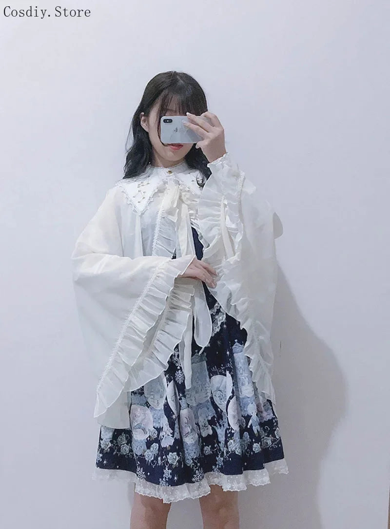 Lolita Chiffon Open Front Wraps Poncho Soft Coat Capes Girls Sweet Hood Covers Sweet Ruffle Shawl Cape Sun Protective For Women