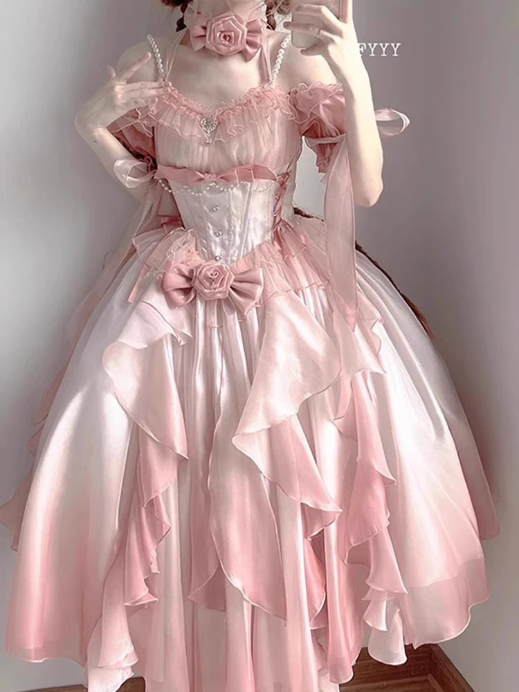 The Versailles Fairy Pink Bow Gown | Off-Shoulder Lolita Wedding Dress | Empire Waist Fairy Princess Maxi | Parisian Princess