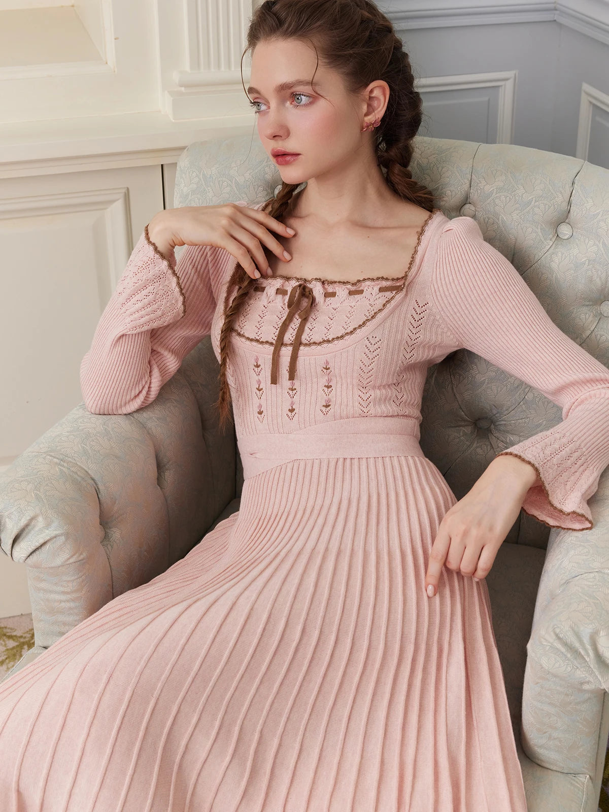 76-88cmBust FallWinter Long Pleated Dress Women Vintage ElegantSlim Embroidery Square Neck Flare Sleeve 100%Cotton Knitted Dress