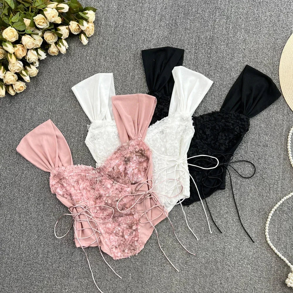 Flower Lace Tank Top Fish Bone Crop Design Inner Strap French Tube Tops Y2k Cute Pink Corset Summer Wear