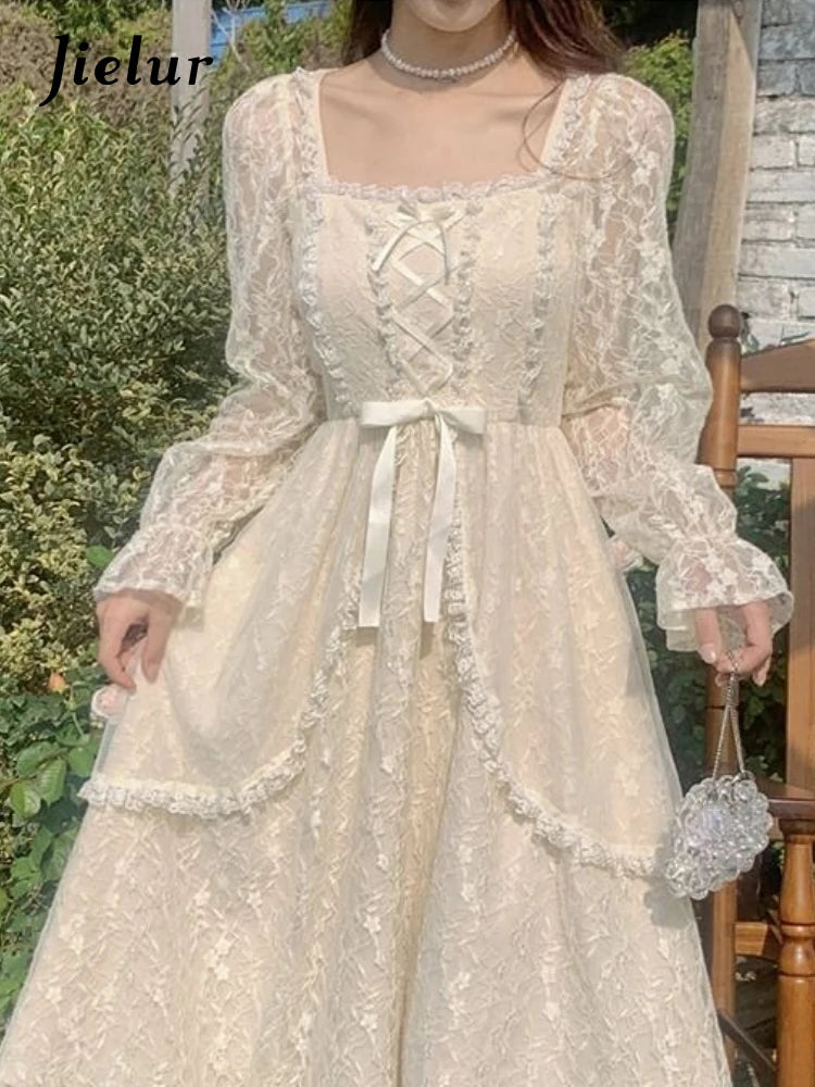 French Vintage Dress Women Summer Long Sleeve Elegant Party Midi Dress Female Casual Retro One Piece Dress Casual