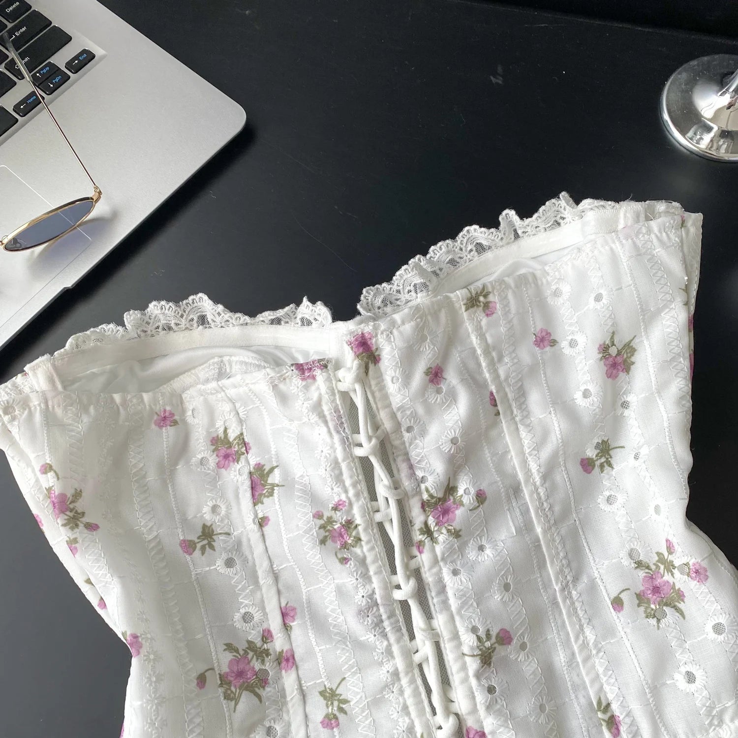 The Trianon Embroidered Corset | French Sweet Floral Lingerie Top | Hollow Out Backless Bandage Camisole | Parisian Princess
