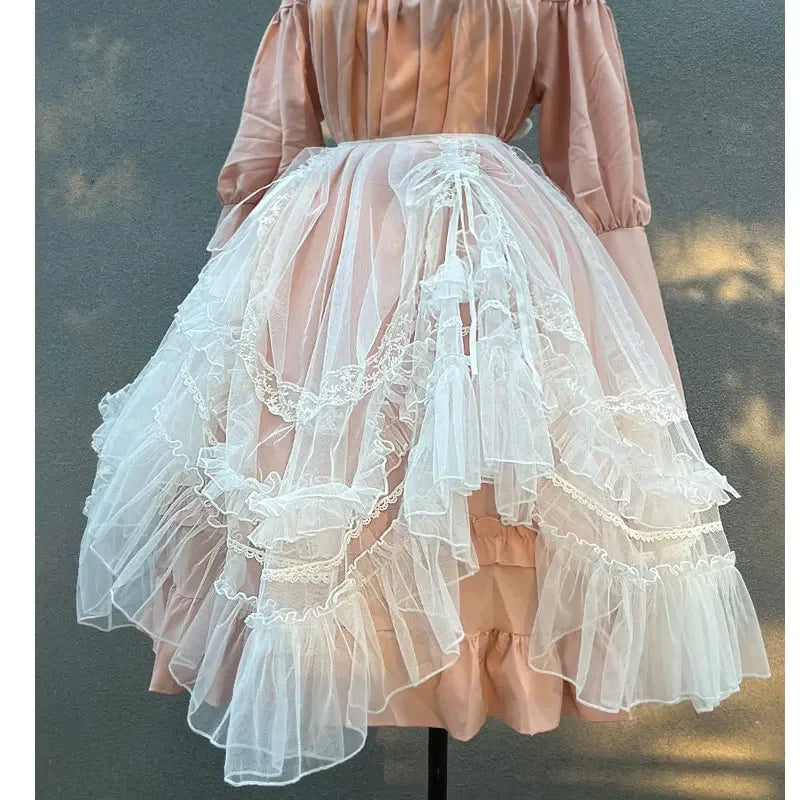 The Ophelia Mesh Waist Curtain | French Lolita Sheer Cover-up | Drawstring Lace Overskirt | Parisian Princess