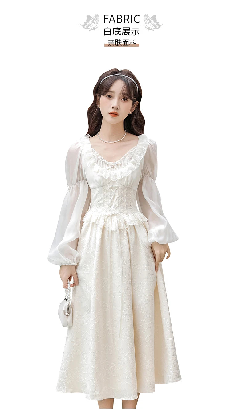 French Fairy Lantern Sleeve Midi Dress for Women Summer Elegant Retro Slim Sweet Party One Piece Dress Korean Casual Clothes